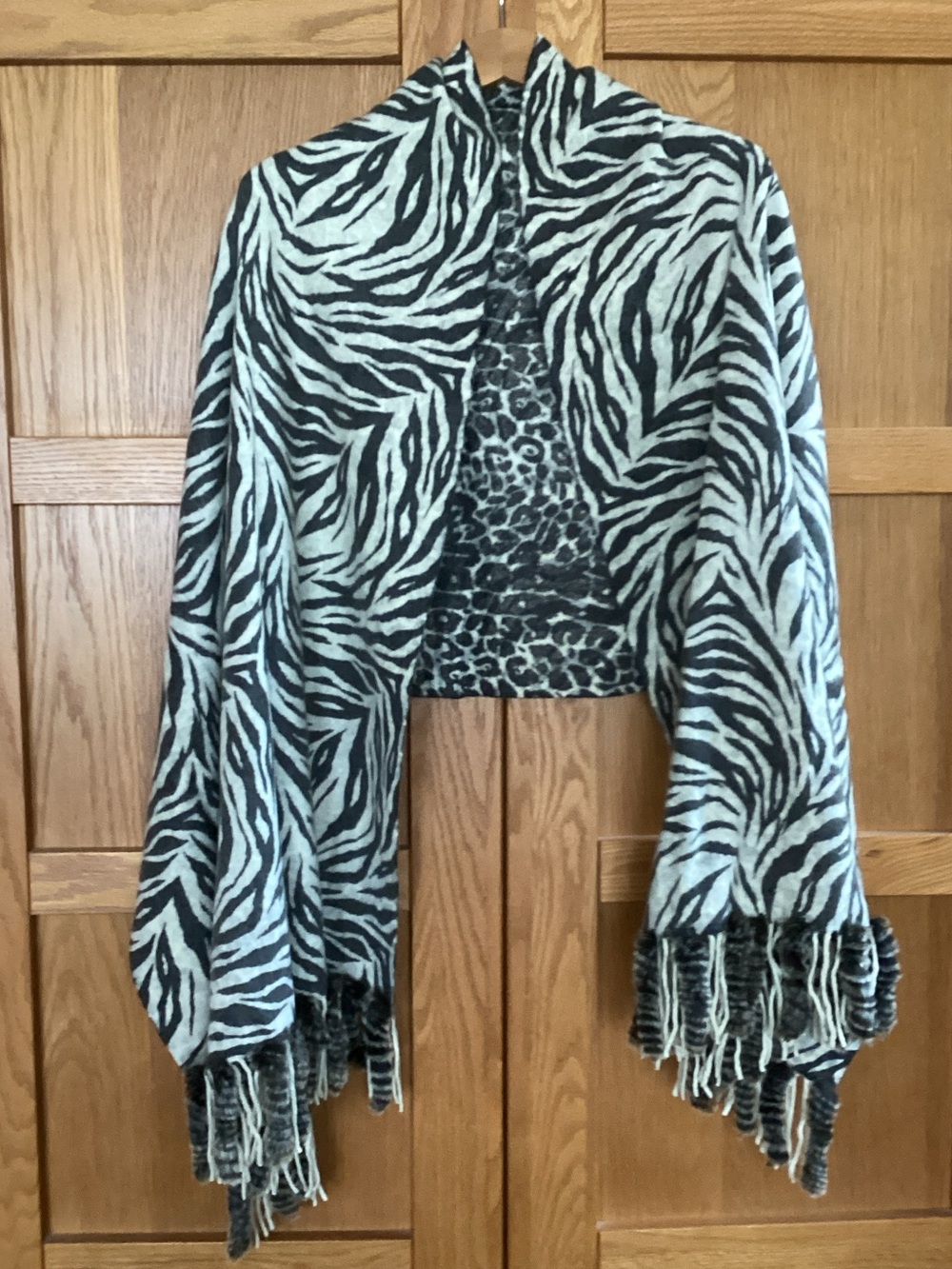 Zebra Print Fringe Shawl Jacket - Black & White
